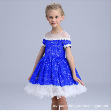 kids clothes dark blue lace party see-through dress white and blue fluffy dresses lace trim western gowns wholesale